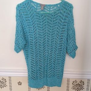 Chicos Open Weave Loose Knit L Cotton Sweater Short Sleeve Pullover Aqua Blue